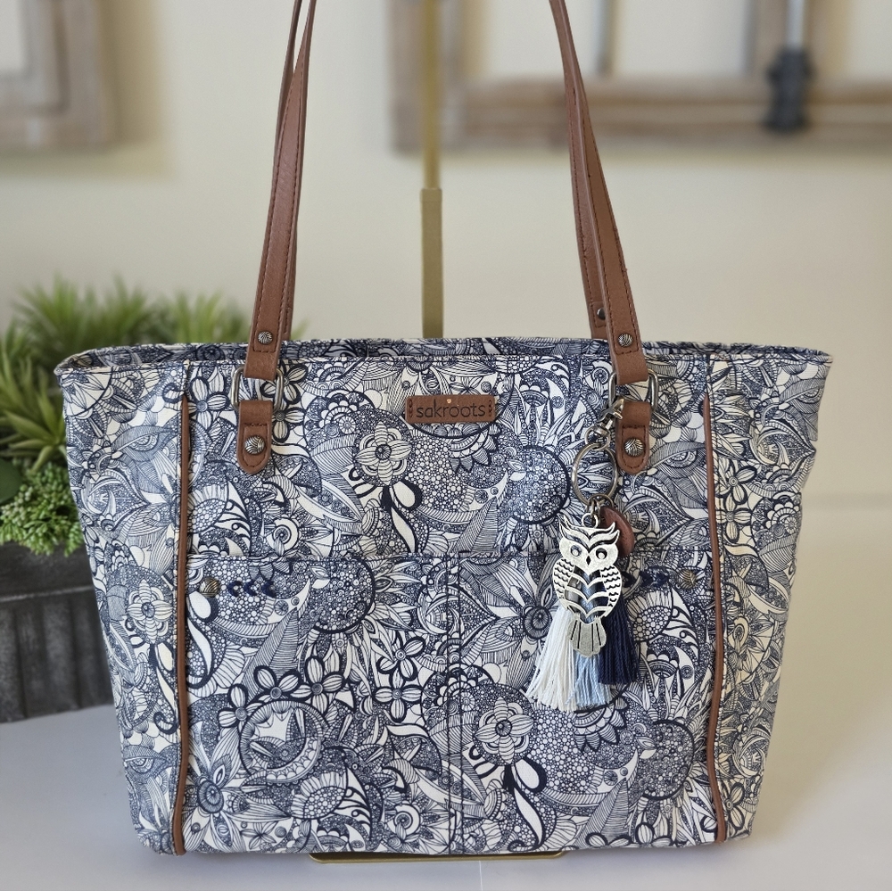 Sakroots Navy Floral Canvas Tote with Tassel Charm - Picture 3 of 16